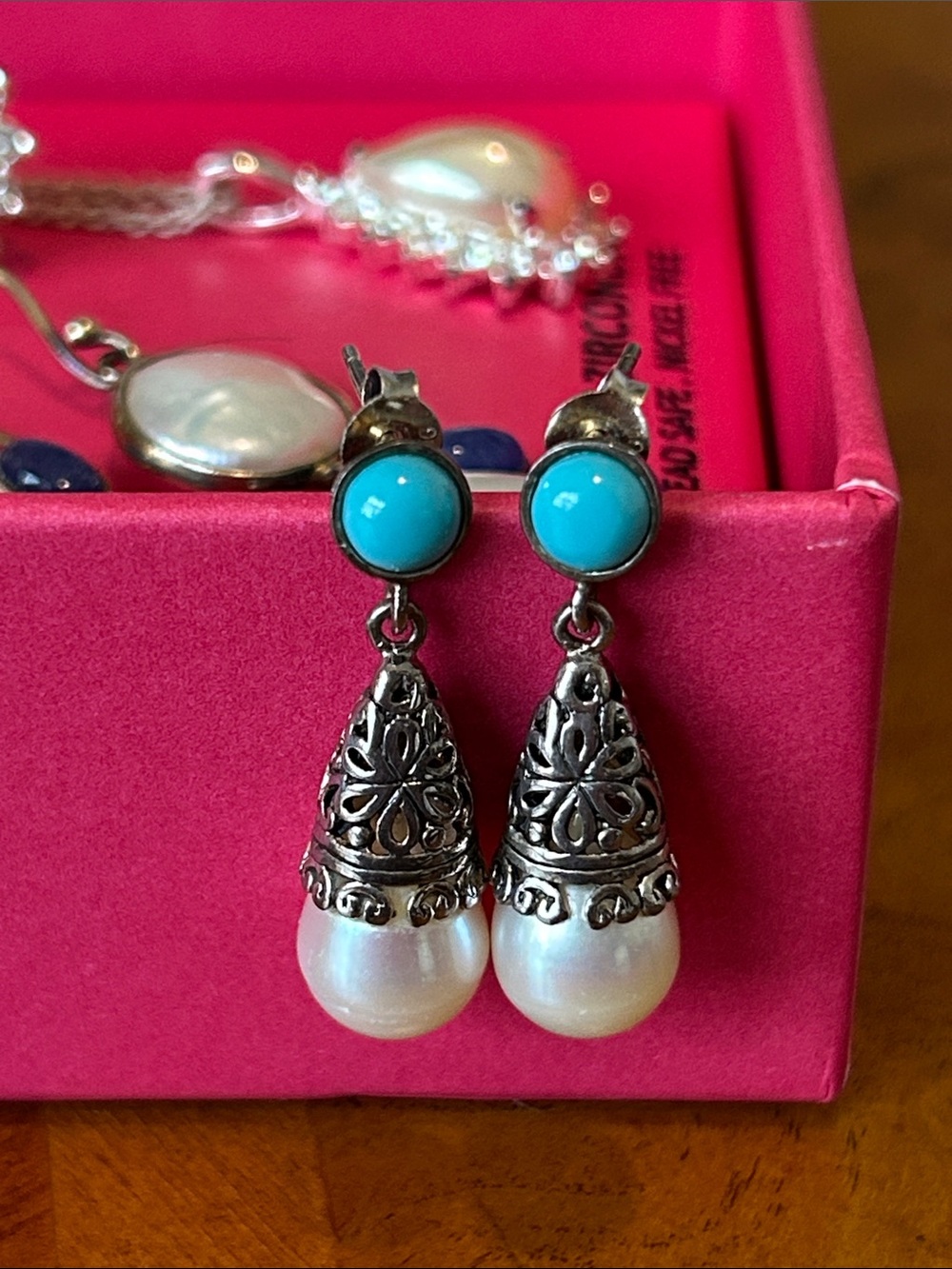 Sterling Silver Filigree Pearl Drop Earrings with Turquoise